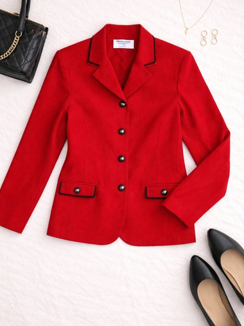 Alfred Dunner Petite Red Blazer Jacket Black Trim Button Front Size 8P